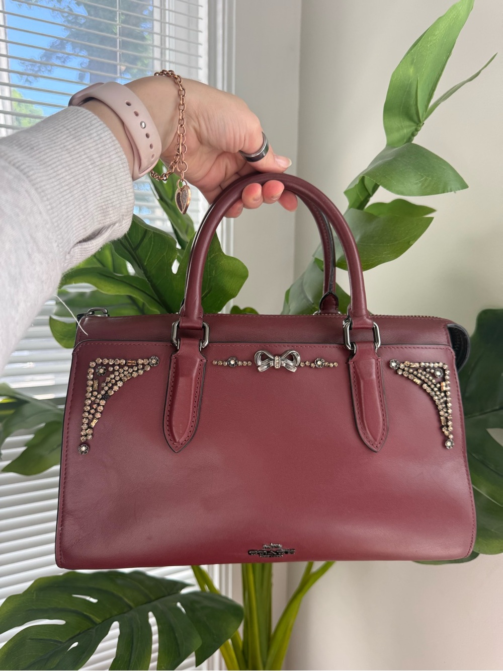 Coach Wine Red Leather Satchel with Crystal Bow Detail